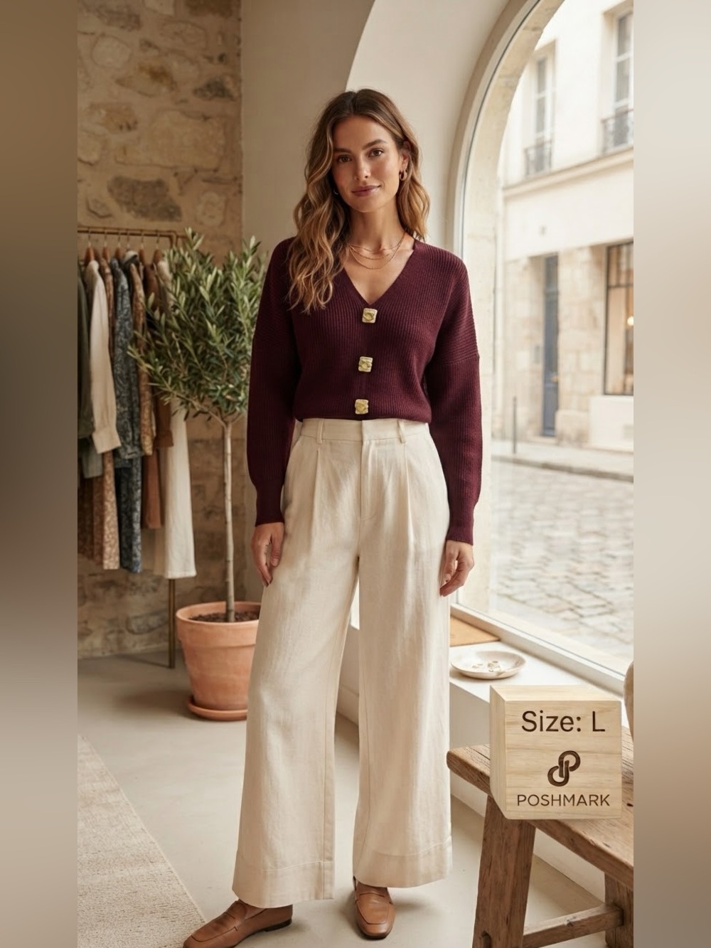 Micas
Burgundy V-Neck Button Sweater